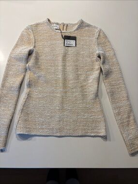St. John Cream and Beige Tweed Long-Sleeve Knit Top